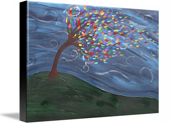 Abstract Giclee art Print on Stretched Canvas 8x10 Winds of Change fall tree leaves colors hill windy autum