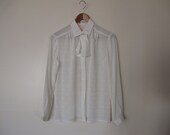 mad men secretary creme white long sleeve blouse ascot neck tie button up down shirt XS S M stripes