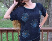 Vintage Black Silk Beaded Turquoise Sequin Blouse - S/M
