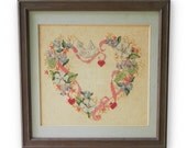 Vintage Cross Stitch Floral Heart Shaped - Shabby Cottage Decor