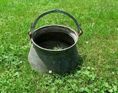 Antique Primitive Metal Kettle Pot with Hand Forged Bale Blue Green Patina