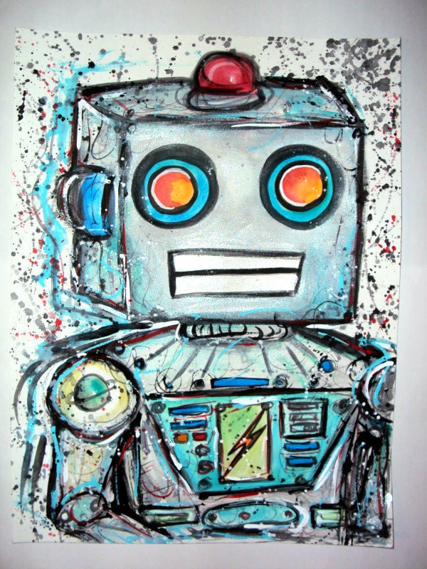 Silver Electronic Toy Robot Watercolor and Acrylic Painting (original painting)