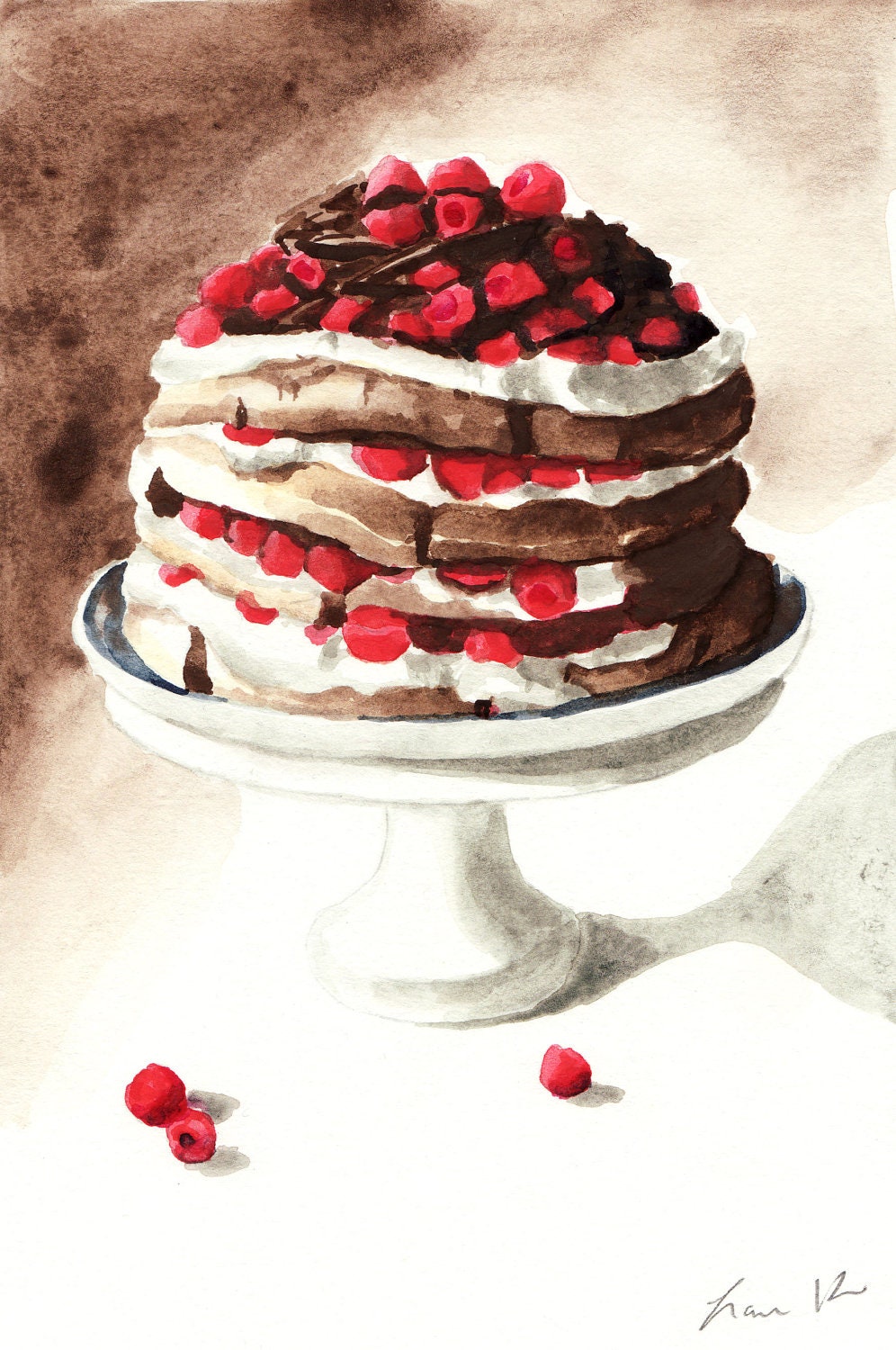 Chocolate Raspberry Layer Cake on Pedestal Digital Print of Watercolor Painting 6 x 9 Chocolate Pavlova Whipped Cream Gourmet