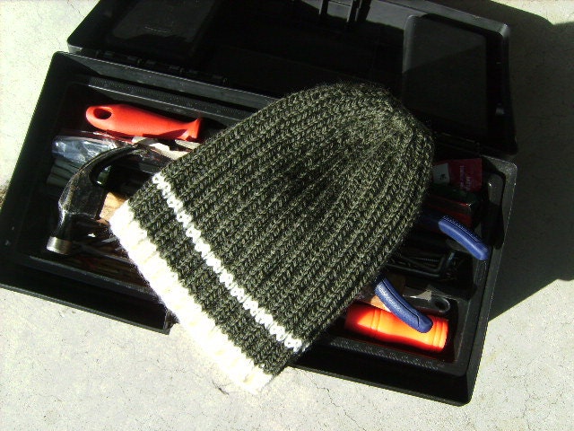 Men's Hat - Hand Knit Olive Green Natural Wool Hiking Biking Skiing Sports (L/XL - Ready to Ship)