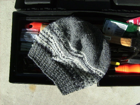 Buy cheap man hats. - Hand Knit Gray Black White Jaquard Striped Wool Men's Hat Grey Beanie (Ready to Ship)