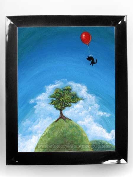 Black Cat Print, Red Balloon Art, Tree on Hill Picture, 8x10 Art Print, Flying Cat Illustration, Whimsical Animal Art