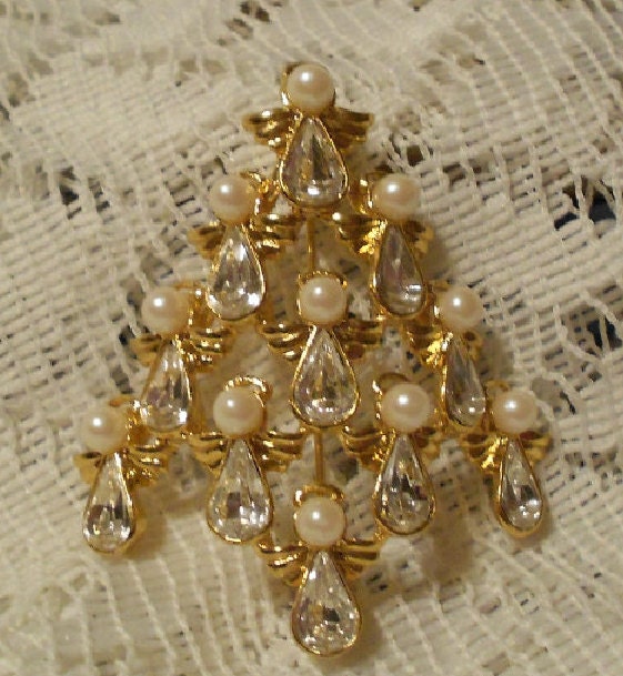 Vintage Rhinestone Angel Tree Brooch by Nina Ricci