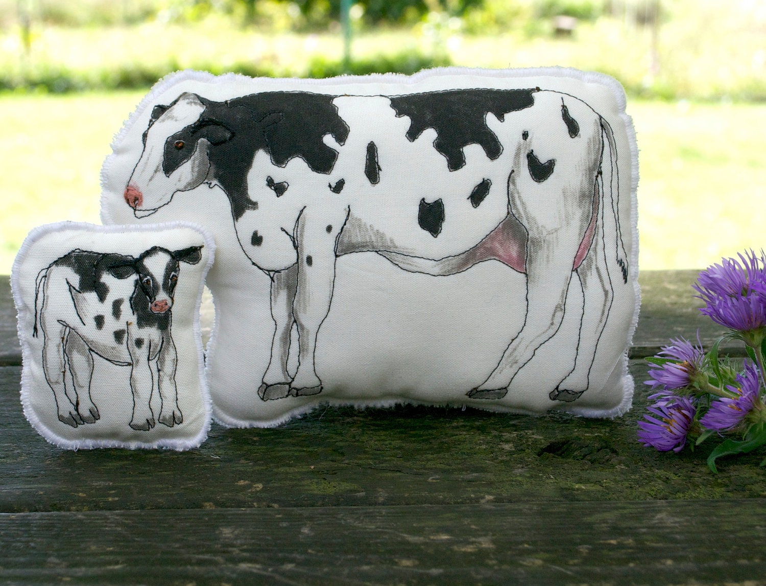 Stuffed Animal Cow Playset. Hand Drawn Organic Cotton Farm Pillow Toys by Aly Parrott on Etsy.