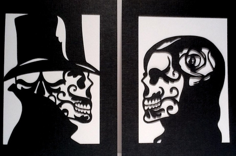Sugar Skull Day of the Dead Layered Papercut Artwork - Unframed 5x7 - Black and White Home Decor