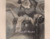 Gothic Angel Kisses Dead Lover's Lips-Lifts Maiden To The Skies-Spell Rips His Wings Off-Heaven-1800's Antique Vintage Art Print-Picture-Lea