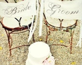 bride and groom chair signs . fabric and ribbons . for a cottage chic wedding