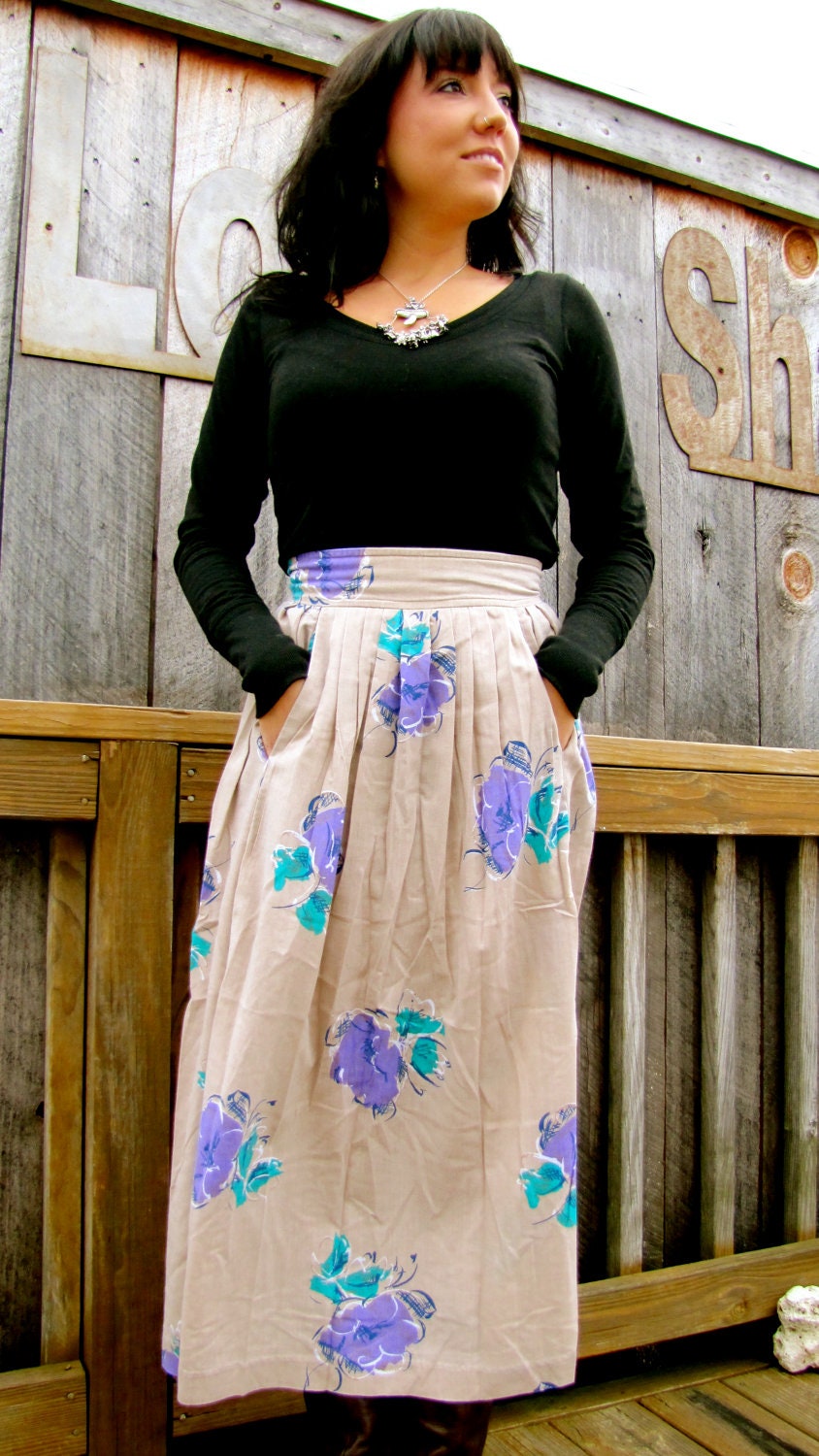 Vintage 70s Lavender & Teal Floral Secretary A-line Skirt
