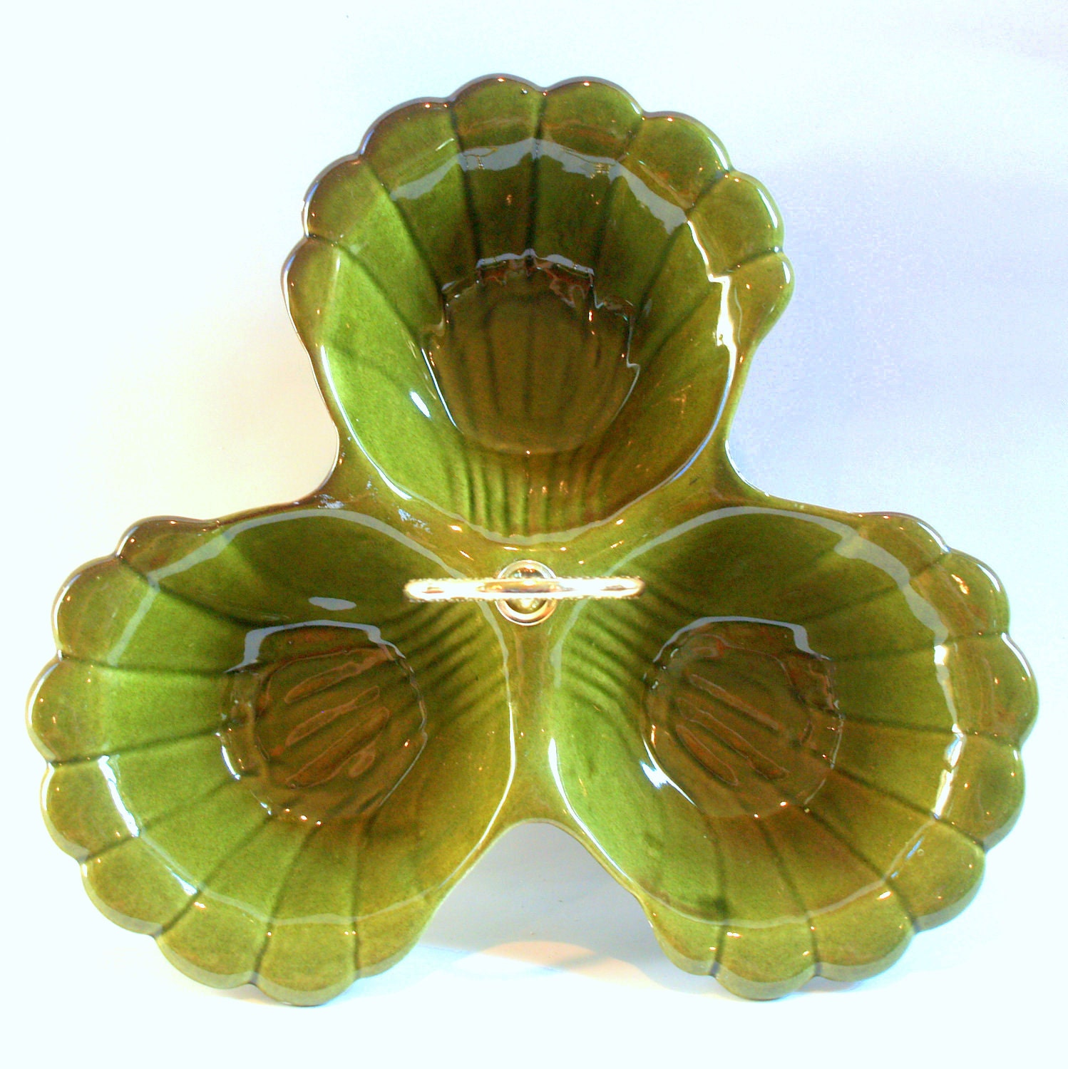60s MOD DIPPING BOWL Vintage 3 Section Condiment Serving Dish Mid Century American California Pottery Tray Party Server In Avocado Green