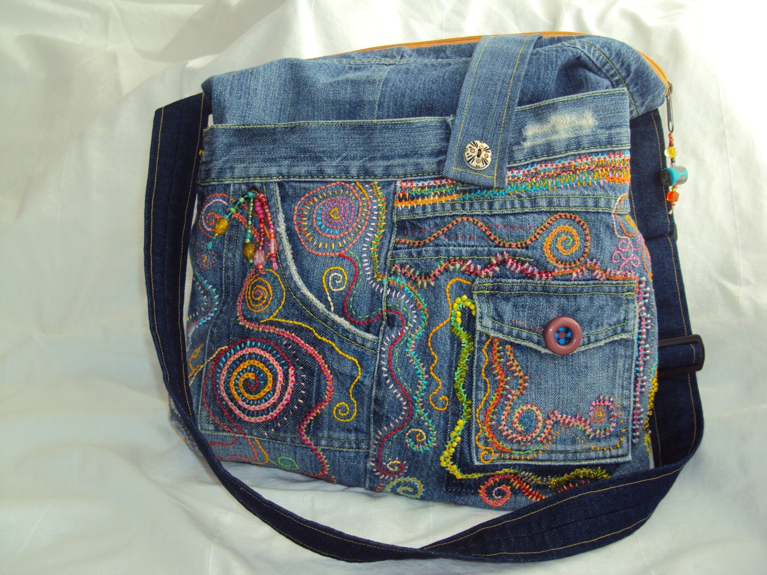 Beaded Embroidered Upcycled Jean Messenger Bag