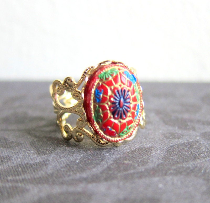 Red Green Ring Gold Colorful Tile Spanish Exotic Mexican Chintz Aztec Statement Ring Vintage Glass Summer Carved Porcelain
