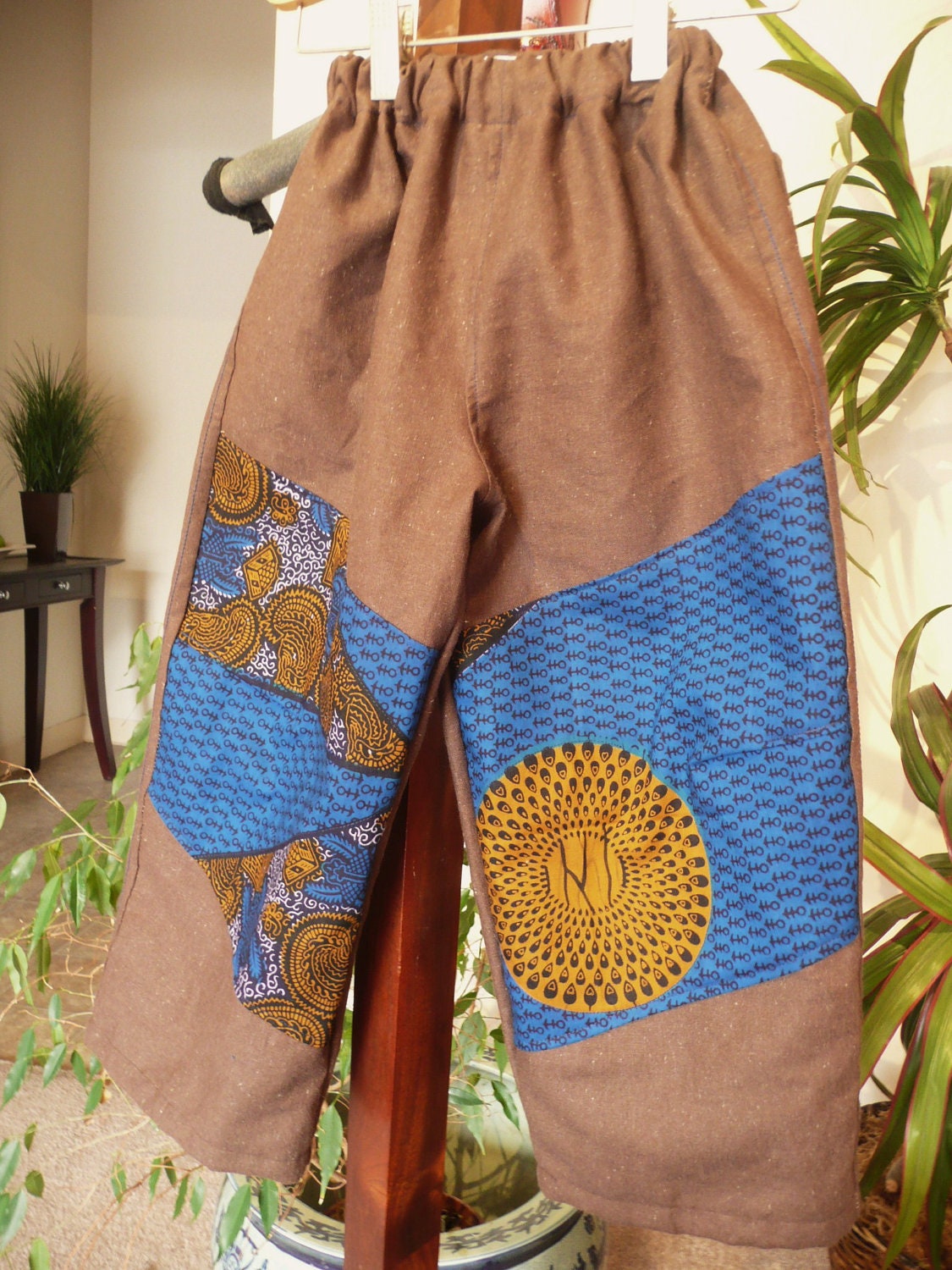 Hemp & Tencel  Pants w/ African Print Knees, for Toddlers and Children