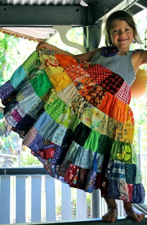 Rainbow dress patchwork twirly twirler bright eco girls children sundress custom upcycled size 4 - 10 made to measure CUSTOM ORDER