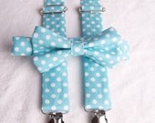 Aqua Blue Polka Dot Bow Tie & Suspenders Set - Baby Toddler Child Boys -Wedding