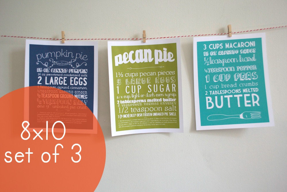 Set of Three 8x10 Kitchen Art Prints of Classic Recipes with Handlettering