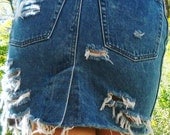 High Waisted 80s Jordache Denim Shredded Festival Skirt - Upcycled Distressed Jean Skirt. Designer Mini. Size S 26 waist