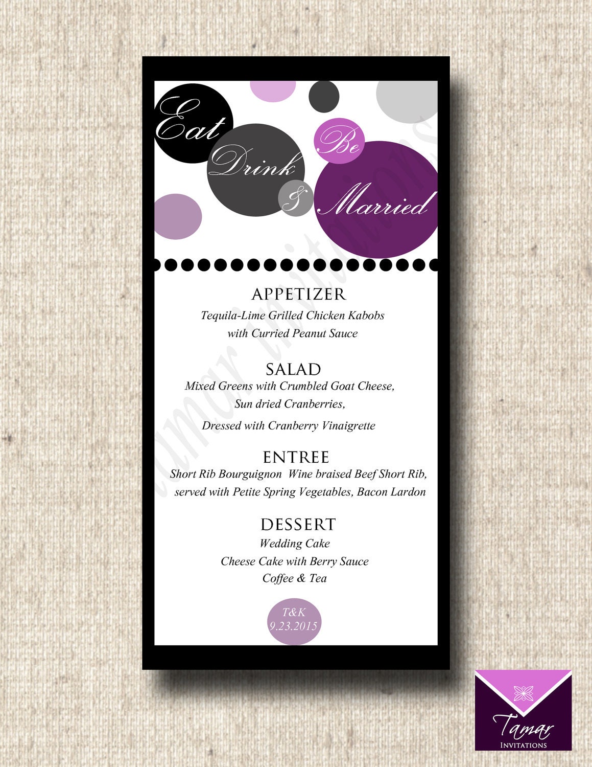 Printable Menu Card for Wedding, Shower, Dinner Party - Custom- Choose Your Own Colors Il_570xn