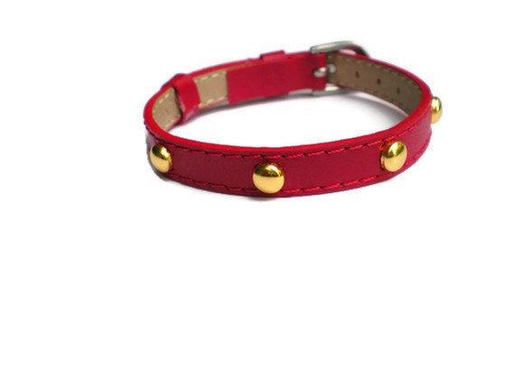 Red Genuine Leather Bracelet With Studs -  Gold Tone Dome Studs - 8mm Red Leather Strap -  Adjustable - Layering Bracelet