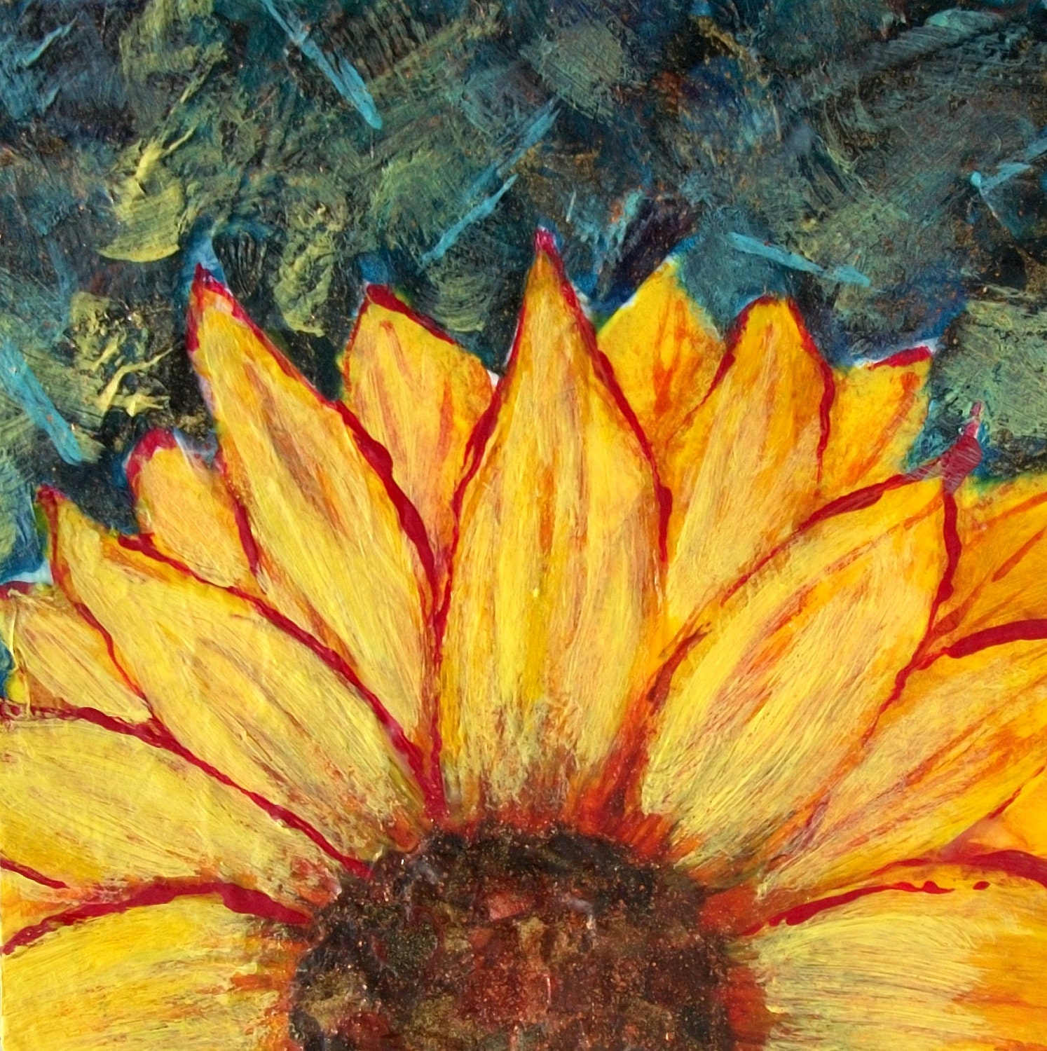 SunFlower,  Hand Torn Paper Collage, Original Mixed Media Collage, 6 x 6, home decor, ready to hang