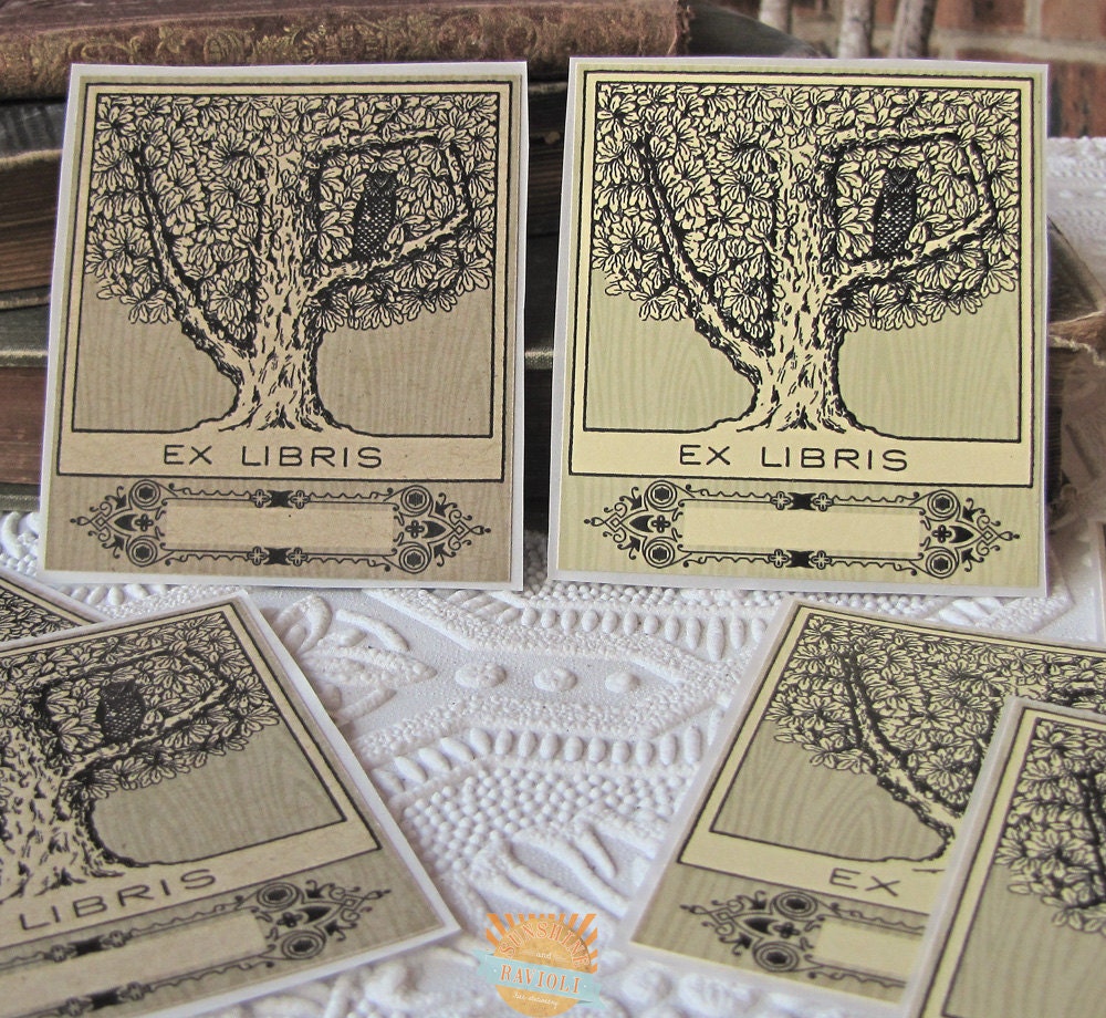Bookplate Stickers- Vintage Inspired- Owl in tree