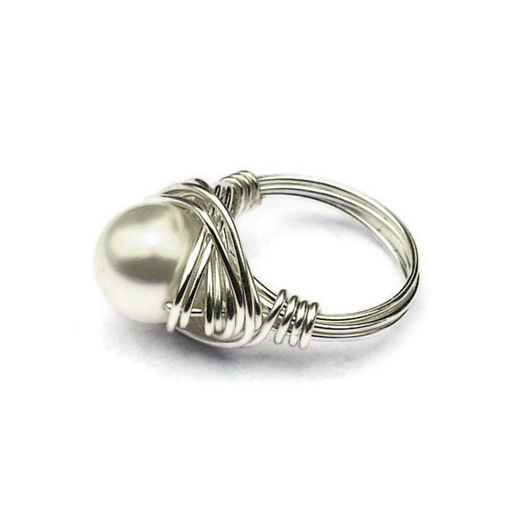 Wire Wrapped Ring, White Pearl Ring, Large Silver Ring-- Pick Your Color
