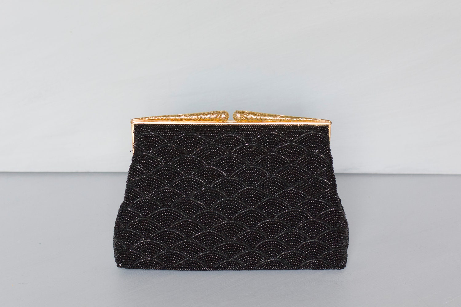 1980s black and gold beaded evening bag