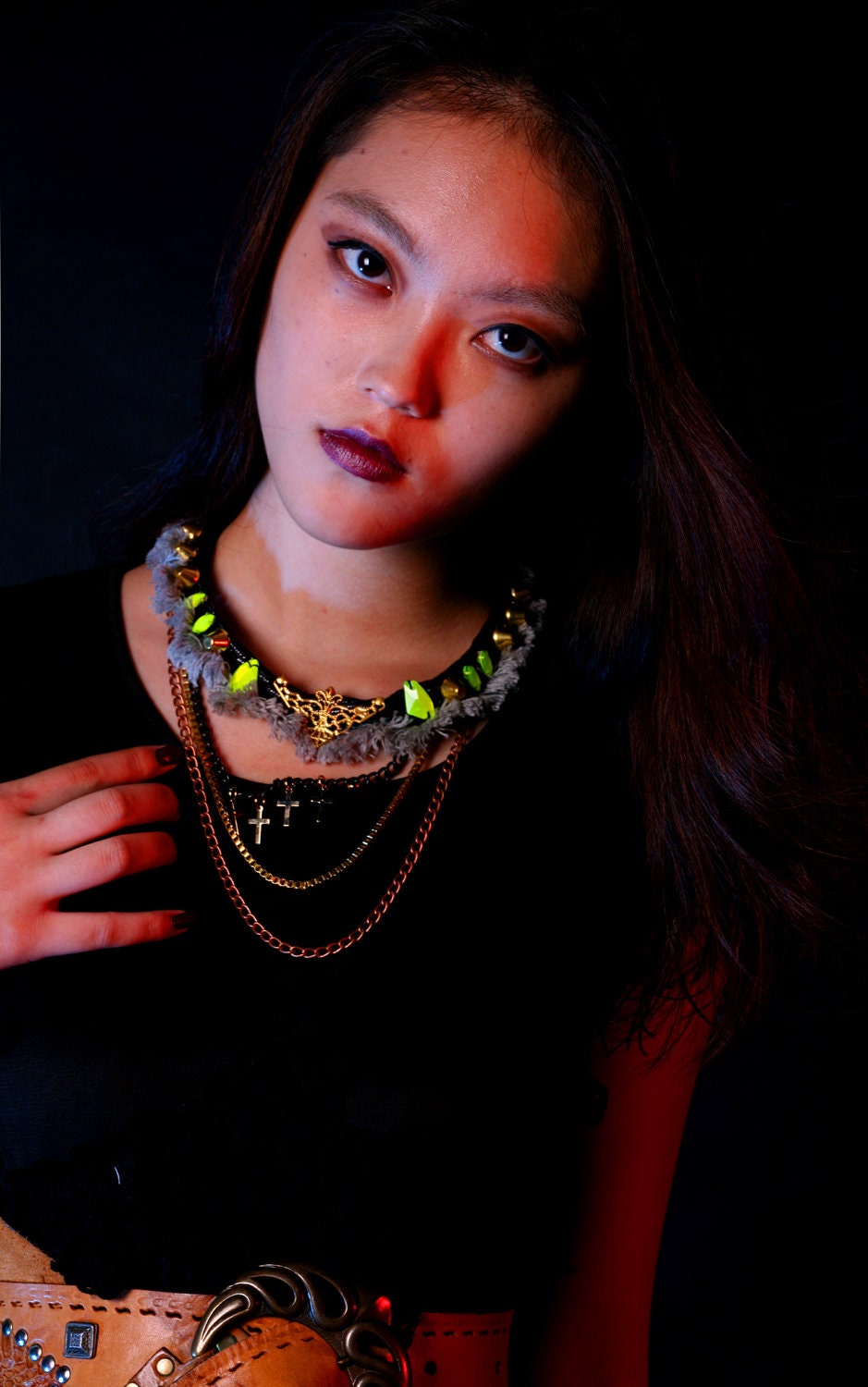 MagicDuster, Statement Necklace, Bib necklace rope, fringe, neon stones, studs and draping chains, OOAK handmade jewelry