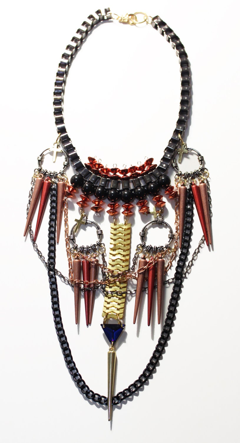 Blacca, Fall Statement Necklace, baroque dark romance witch style, crystal triangle, spikes and chains, cross, OOAK costume jewelry