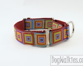 Vibrant Retro Colorful Squares 1" Wide Dog Collar, Martingale or Quick Release