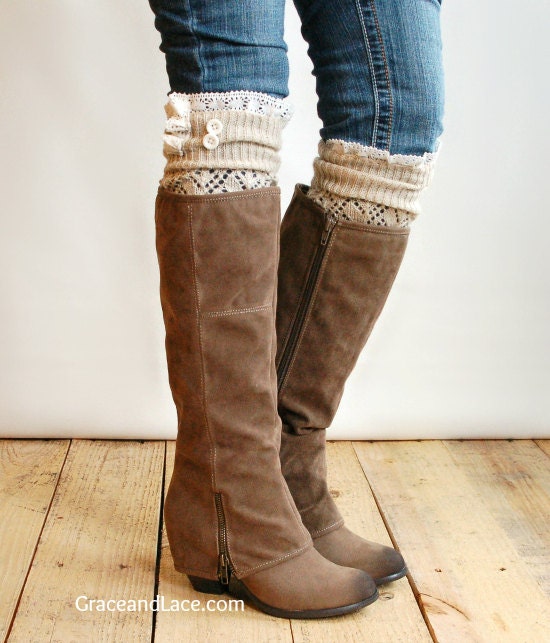 The Lacey Lou Natural Open-work Leg Warmers with ivory knit lace trim & buttons - Legwarmers boot socks (item no. 3-14)
