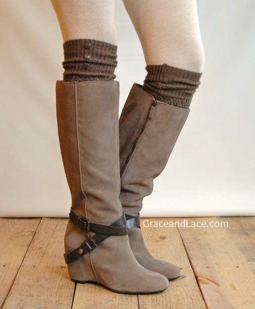 SALE SALE LouLou -Coffee: Open-work Leg warmers w/ rubbed bronze metal buttons - Legwarmers boot socks (item no. 9-6)