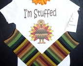 I'm Stuffed Funny Thanksgiving Turkey Infant Baby Onesie WITH matching Leg warmers and Flower Clip Headband