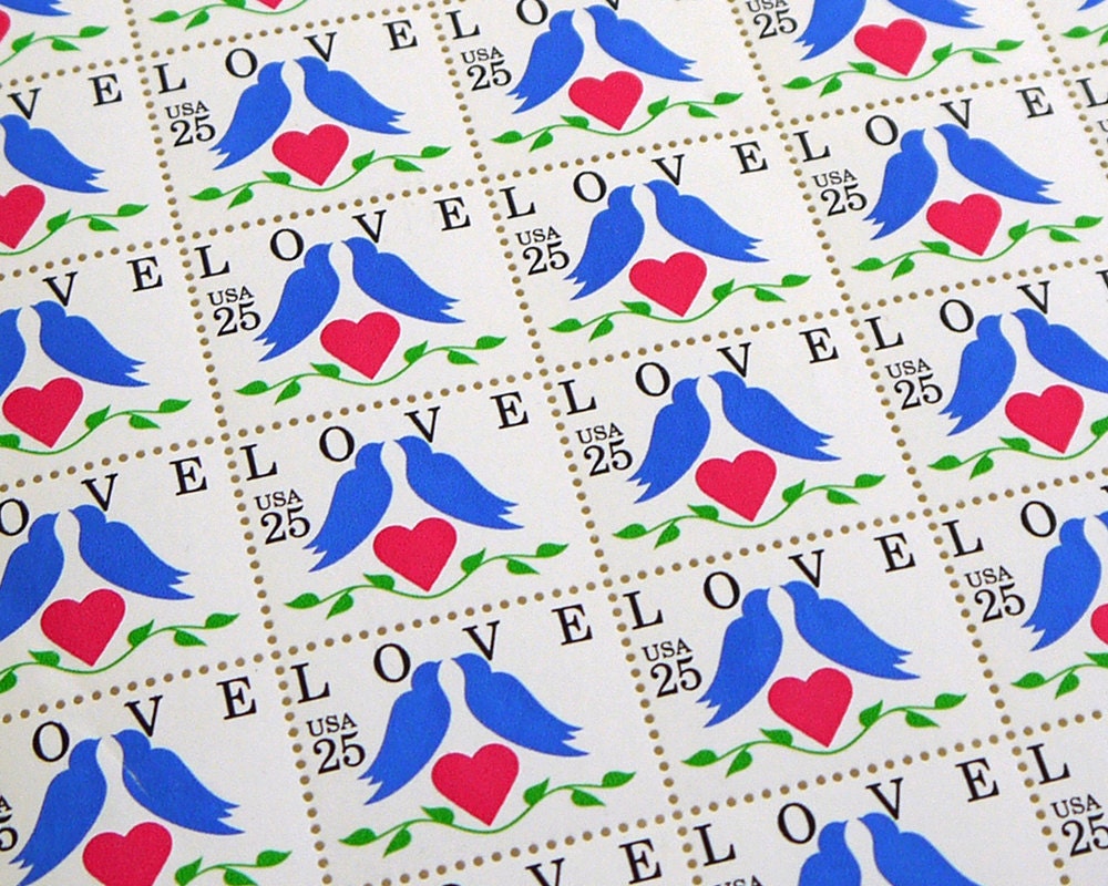 50 pieces - Vintage unused 1990 25 cent LOVE BIRDS stamps - great for valentines, wedding invitations, and save the dates