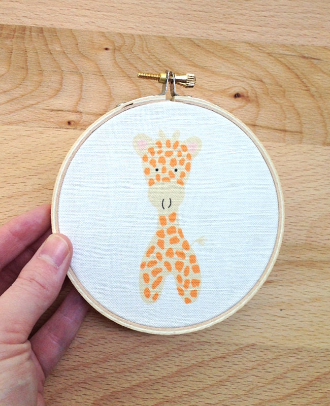 Limited Edition 4 inch Hoop Art Giraffe cute totem woodland animal nursery home decor baby childrens gift under 20 yellow orange white