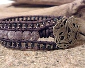 Beaded Leather Cuff Bracelet, Amethyst Stone Luster,  Beaded Leather Wrap Bracelet, Shabby Chic