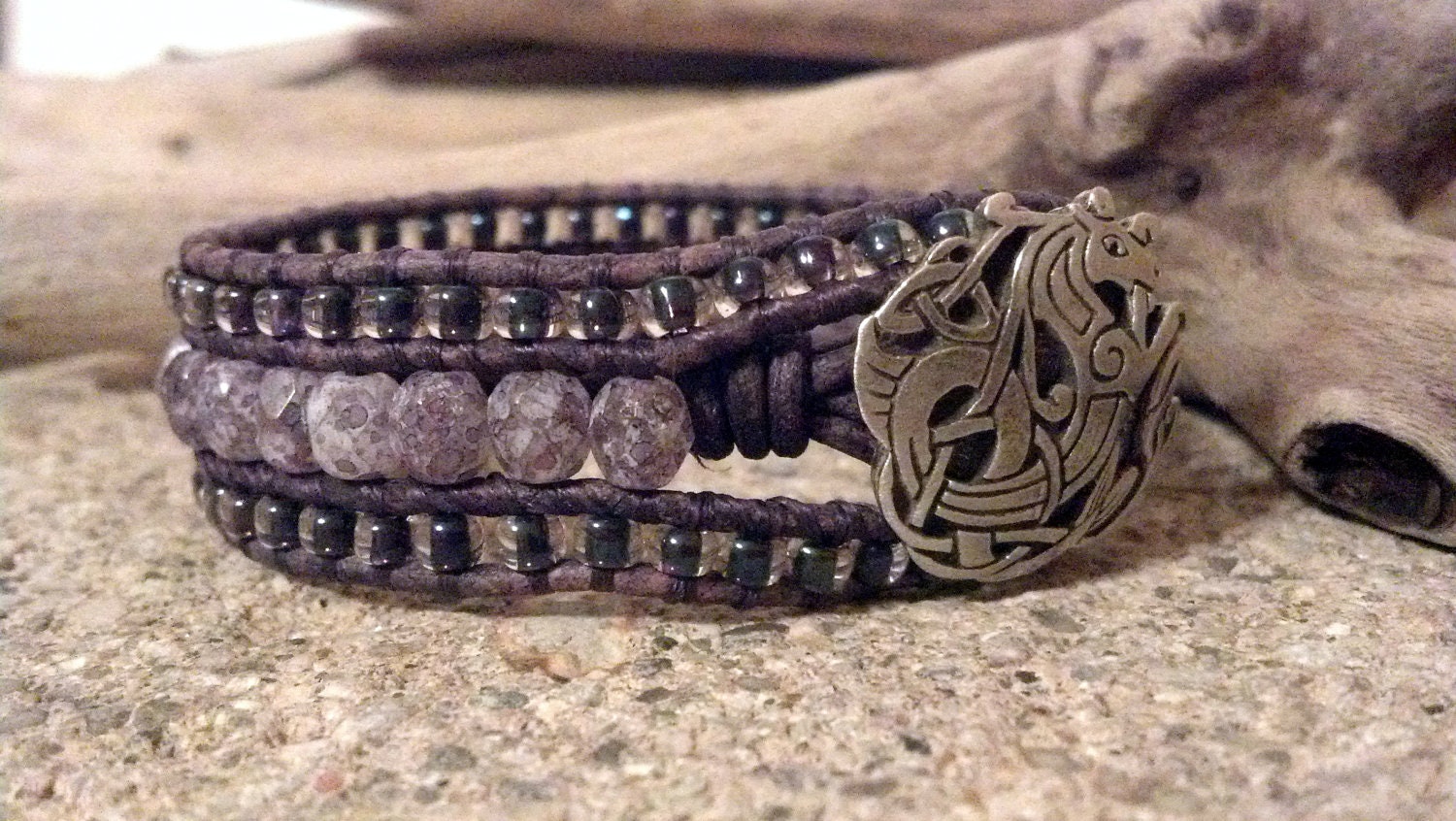 Beaded Leather Cuff Bracelet, Amethyst Stone Luster,  Beaded Leather Wrap Bracelet, Shabby Chic