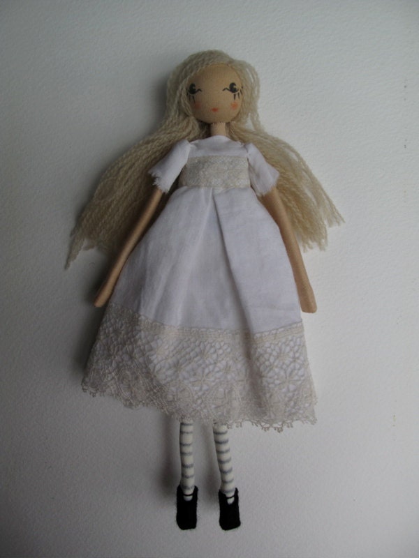 Pearl, ooak small art doll with pale golden hair and white cotton dress with antique lace trim.