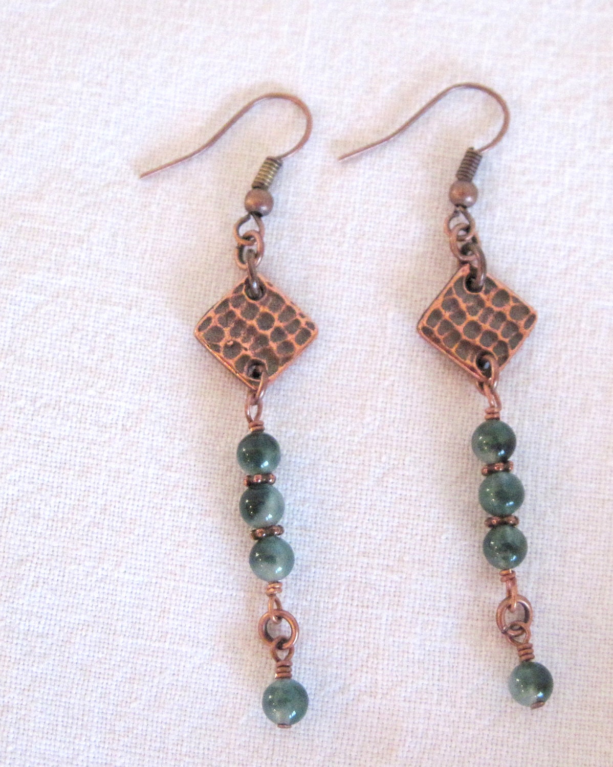 Green Moss Agate Antique Copper Dangle Earrings