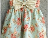 Mint with Pink/Coral floral pattern, Big Bow Dress