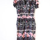 Vintage 40s Dress Navy Blue & Pink Floral Rayon XS-S