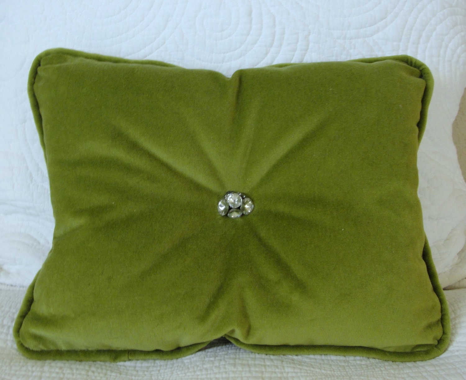 Velvet throw pillow with crystal buttons and piping - olive green