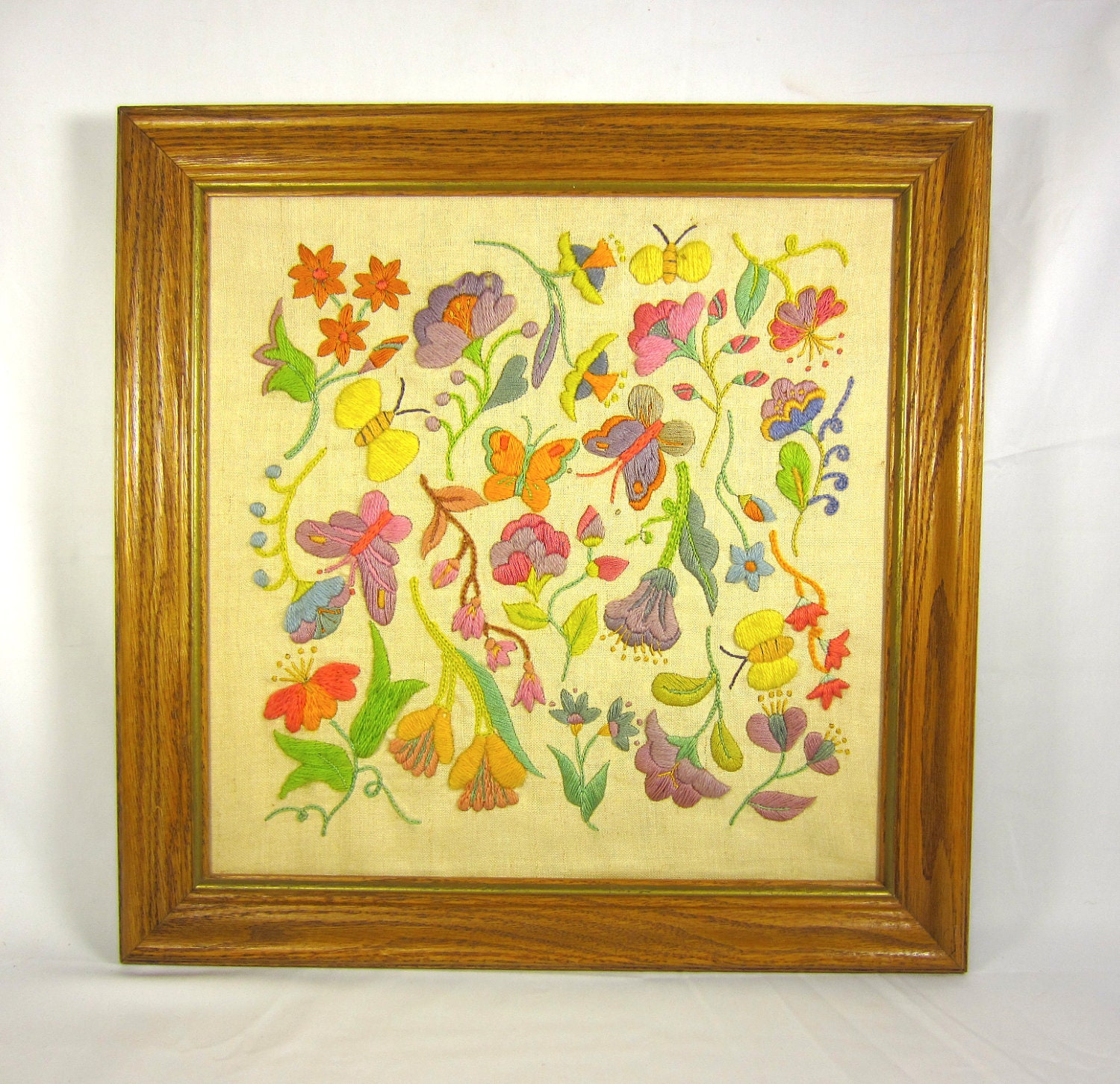 Vintage Crewel Embroidery Picture Butterflies and Flowers in Oak Frame - Embroidery