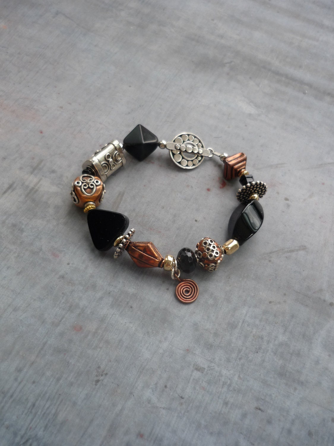 Artisan, Handcrafted, Organic Bracelet, with Black Onyx, Sterling Silver, 14k Gold Fill and Copper