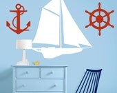Set of 3 Sailing / Nautical Nursery Decals - Sailboat, Ships Wheel and Anchor Art