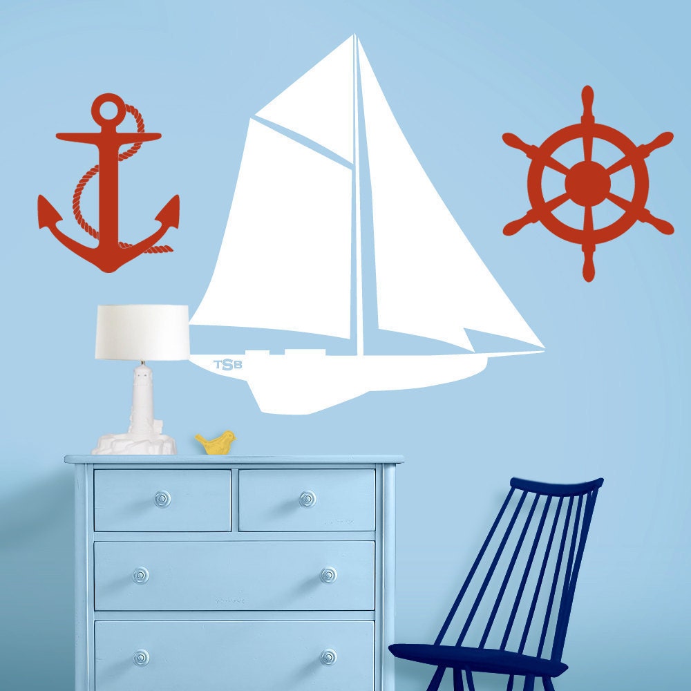 Set of 3 Sailing / Nautical Nursery Decals - Sailboat, Ships Wheel and Anchor Art