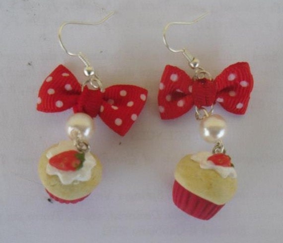 Vanilla Cupcakes with strawberry / strawberry cheesecake slices earrings - handmade miniature polymer clay food jewelry